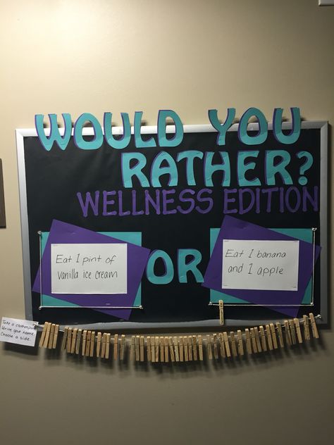 Would You Rather Bulletin Board #bulletinboard #reslife #healthandwellness Interactive Bulliten Boards For School, Interactive Work Bulletin Board, Recess Bulletin Board Ideas, Warehouse Bulletin Board Ideas, Staff Inspiration Board, Would You Rather Board, Bulletin Board Health, Workplace Bulletin Boards, Would You Rather Bulletin Board Ideas