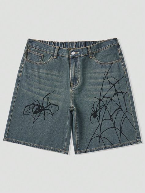 Men's Spider Printed Denim Shorts, Y2K Fashion, School Bronze    Denim Animal,Geometric,Halloween Bermuda Non-Stretch  Men Clothing, size features are:Bust: ,Length: ,Sleeve Length: Emo Men’s Clothes, Y2k Clothing Men, Ropa Y2k Hombre, Grunge Wishlist, Short Shorts Men, Denim Shorts Y2k, Skater Fits, Mens Grunge, Goth Shorts