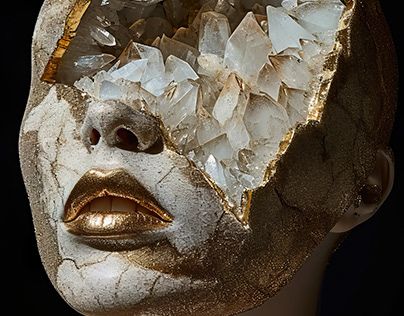 Crystal On Face, Glass Woman Sculpture, Pile Of Jewels, Geode Drawing, Crystal Character Design, Cool Reference Photos, Geode Aesthetic, Geode Sculpture, Illusional Art