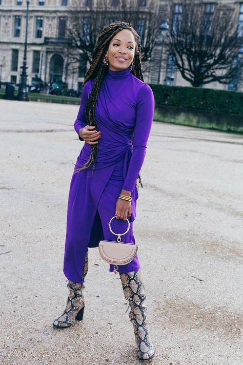 Dresses With Boots: Formulas That Always Work | Who What Wear UK Purple Dress Winter Outfit, Snakeskin Boots Outfit, Snake Print Outfit, Dress With Black Boots, Purple Dress Outfits, Winter Dresses With Boots, Dresses With Boots, Dress Outfits Party, Boots Outfits