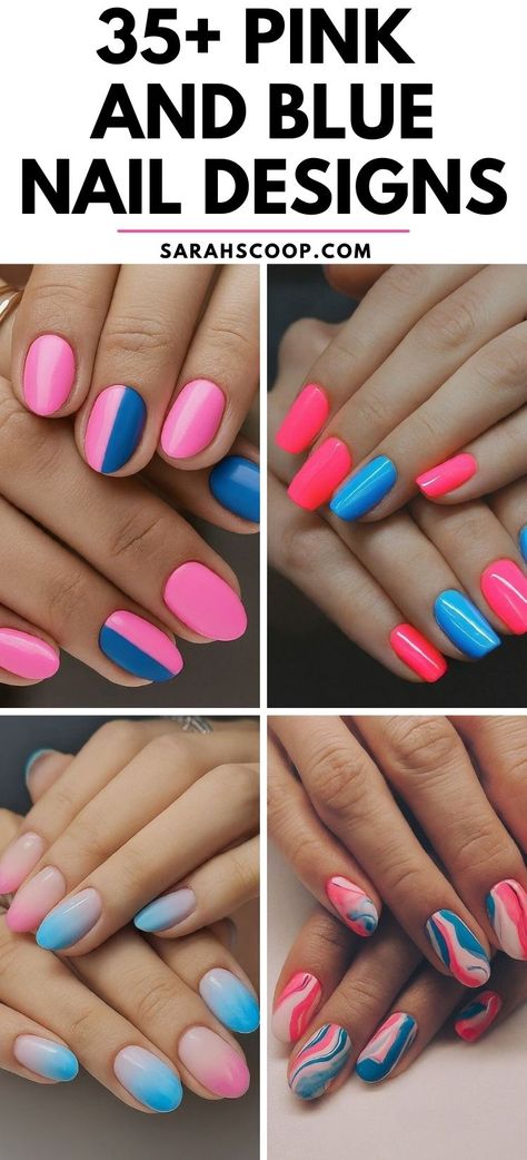 These nail designs are perfect for those who love to play with color! Ranging from soft pastels to vibrant hues, there are over 35 options for any style. 💅🏼💘💙 #NailArt #PinkAndBlueNails Pink Blue Gel Nails, Navy Blue And Pink Nail Ideas, Pink N Blue Nails, Pink And Blue Almond Nails, Pink And Blue Nails Design, Blue Pink Nails, Blue And Pink Nails, Pink And Blue Nails, Pink Blue Nails