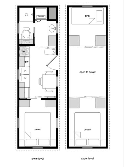 A three-full-bed Tiny House Design floor plan with a twin and queen upstairs (no storage loft) and a queen bedroom (separate room) downstairs. Small Floor Plans, Bathroom Floor Plans, Tiny House Layout, Tiny House Plan, Small House Floor Plans, Tiny House Floor Plans, Container House Plans, Casa Container, Small Room Design