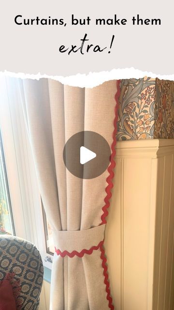 Helen Hall | Home interior and DIY on Instagram: "Isn’t it amazing what a little trim can do? I bought these gorgeous natural curtains from @dunelmuk and gave them a little glow up with some beautiful red wavy trim.   The wallpaper in this room is quite bold, so I didn’t feel patterned curtains would quite work. And plain curtains just aren’t going to cut it for me! I saw some gorgeous curtains online with a fun wavy trim - but they obviously cost a fortune. For £30, I bought enough trim to go down both edges of each curtain, with some left over for tie backs. Top tip: if you buy curtains too long for your space, you can cut off the excess, hem them, and use the cut off fabric to make tie backs. That’s what I’ve done here and I think it just finishes it off nicely.   Normally I’d have sewn Curtains Too Long, Patterned Curtains, Natural Curtains, Renovation Diy, Plain Curtains, Buy Curtains, Long Curtains, Curtain Patterns, The Wallpaper