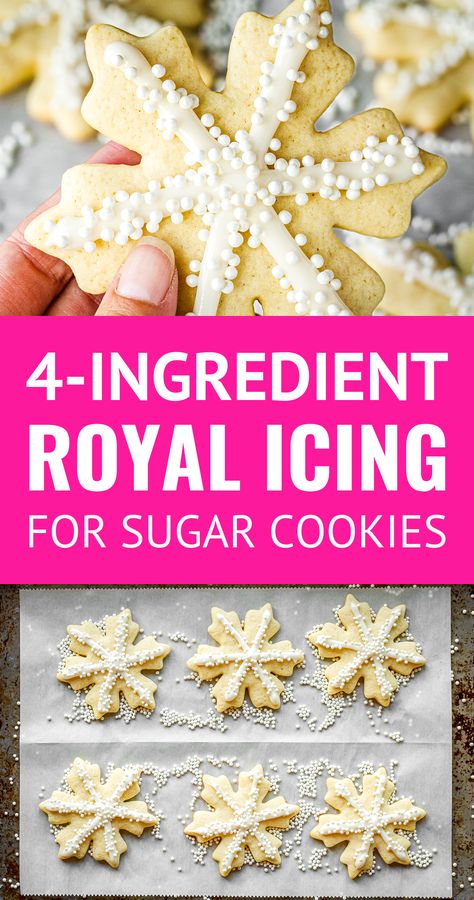 Easy Royal Icing Recipe For Sugar Cookies -- this easy royal icing is SO ridiculously simple to make! No egg whites, no meringue powder, just 4 simple ingredients whipped up with a hand or stand mixer. Get to decorating cookies with your kids with less mess and fuss... | royal icing without meringue powder | royal icing cookies | easy royal icing | royal icing directions | how to make royal icing | royal icing with corn syrup | #royalicing #sugarcookies #easyrecipe #christmascookies #christmas Icing Recipe For Sugar Cookies, Meringue Powder Royal Icing, Icing For Sugar Cookies, Recipe For Sugar Cookies, Easy Royal Icing, Best Royal Icing Recipe, Frosting Buttercream, Easy Royal Icing Recipe, Cookie Kits