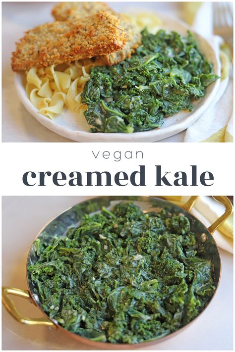 In this tasty side dish, hearty kale is enveloped in a creamy & flavorful cashew sauce. It's simple enough for a weeknight dinner, but feels fancy enough for Thanksgiving, Christmas, or other holiday gatherings.Depending on the size of your kale and appetites, this side dish will serve 2 to 4 people. Frozen Kale Recipes, Kale Recipes Healthy, Garlic Butter Noodles, Freezing Kale, Vegetable Pot Pies, Creamed Kale, Vegan Fried Chicken, Cashew Sauce, Vegetable Side Dish