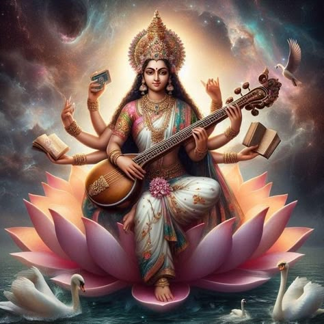 Saraswati Devi Painting, Saraswati Mata Wallpaper, Lord Vishnu And Lakshmi, Laxmi Art, Instrument Background, Devi Painting, Ganpati Sketch, Mata Wallpaper, Bala Tripura Sundari