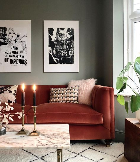 Burnt orange velvet sofa, pink marble coffee table, Beni Ourain rug, Farrow & Ball Pigeon walls Rust Lounge Decor, Rust Sofa Living Room, Burnt Orange Couch, Orange Velvet Sofa, Burnt Orange Living Room, Sofa Living Room Ideas, Colourful House, Velvet Sofa Living Room, Burnt Orange Velvet