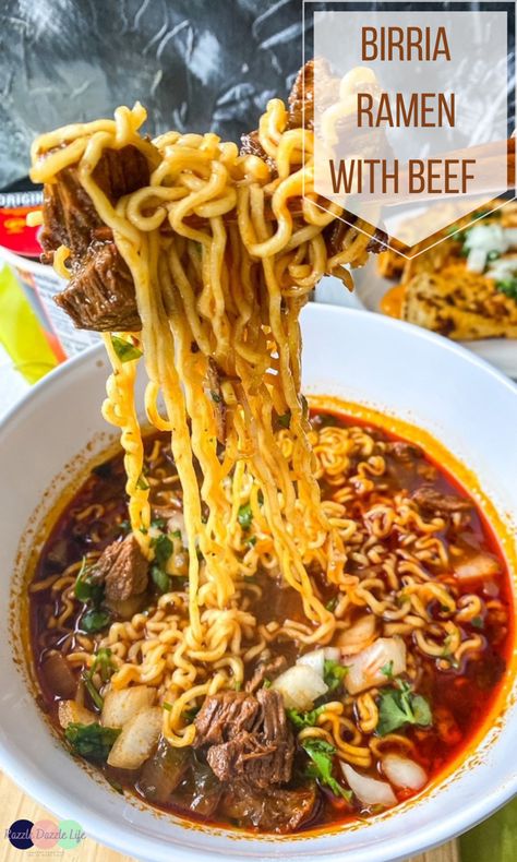 Birria Ramen with Beef is made with a rich and flavorful broth over ramen noodles. Dried peppers are the base, along with robust seasonings and spices. #recipe #birria #ramen #ramennoodlerecipes #beefrecipeseasy #noodlerecipes Burris Ramen Recipe, Chuck Roast Ramen, Birria Ramen Recipe Crockpot, Slow Cooker Beef Ramen Noodles, Ramen With Beef, Ramen Meals, Beef Ramen Recipe, Birria Ramen, Ramen Rice