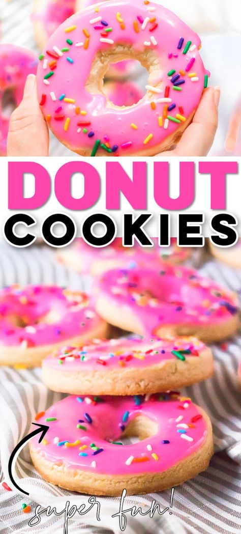 EASY DONUT COOKIES Donut Sugar Cookies, Donut Cookies, Easy Donuts, Sweet Glaze, Cookie Base, Family Desserts, Fun Dessert, Vanilla Sugar Cookie, Donut Shape