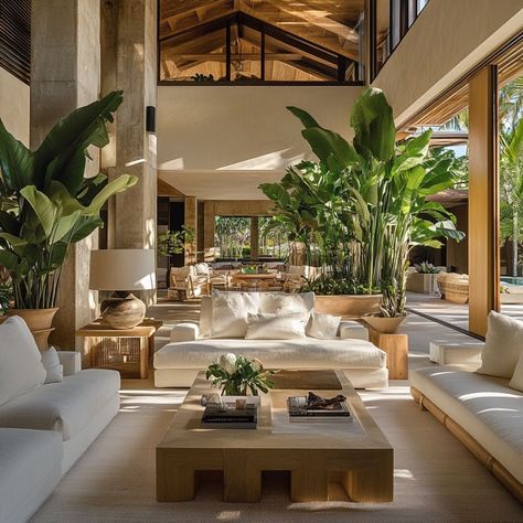 Bali Themed Living Room, Living Room Designs Tropical, Beach House Living Rooms Ideas, Resort Living Room Design, Jungle Interior Design Living Room, Large Living Room Wall Color Ideas, Cozy House With Plants, Tropical Glam Living Room, Hawaii Home Interior