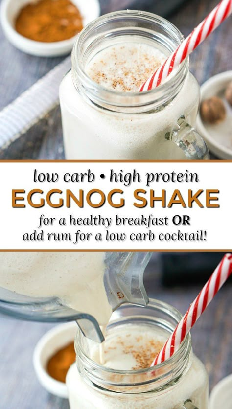 Low Carb Eggnog Shake - a high protein, keto breakfast smoothie that can also be made into a low carb eggnog cocktail! Only 2.5g net carbs. #lowcarbeggnog #ketococktail #lowcarbcocktail #lowcarbhighprotein #Proteinshake #eggnog #smoothie #ketobreakfast #drink Eggnog Smoothie, Eggnog Shake, High Protein Keto, Eggnog Cocktail, Keto Breakfast Smoothie, Low Carb Cocktails, Keto Cocktails, Keto Drinks, Low Carb Peanut Butter