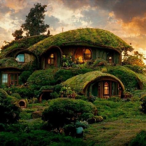 Hobbithole Hobbit Houses, Round Roof House, Rounded House Architecture, Hobbit House Lord Of The Rings, Lord Of The Rings Hobbit House, Hobbit House Concept Art, Hobbit House Exterior, Mossy Houses, Hobbit Style House