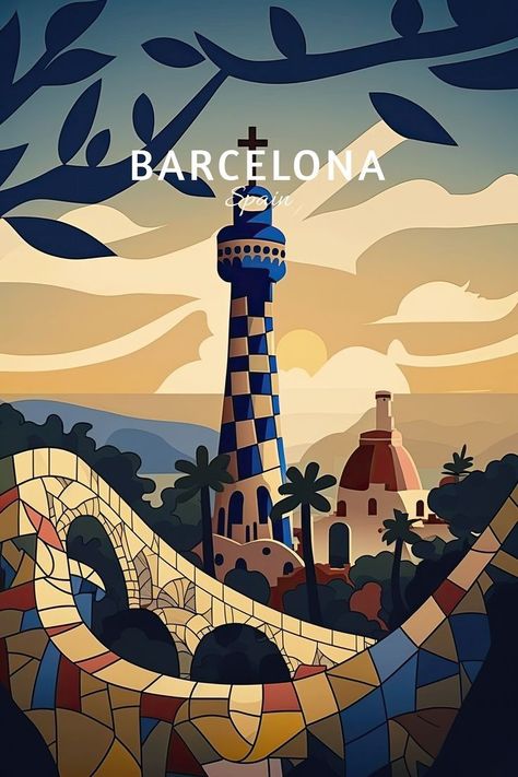 Parc Guell, St Denis, Travel Poster Design, Vintage Poster Design, Retro Travel Poster, Barcelona Travel, Travel Wall Art, Vintage Poster Art, Travel Wall