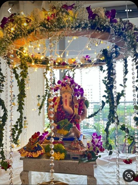 Ganeshchaturthi Decor, Ganpati Decoration Theme Ideas, Chaturthi Decoration Ideas, Ganesh Chaturthi Decoration Ideas, Flower Decoration For Ganpati, Chaturthi Decoration, Ganpati Decoration Theme, Army Crafts, Ganesh Chaturthi Decoration