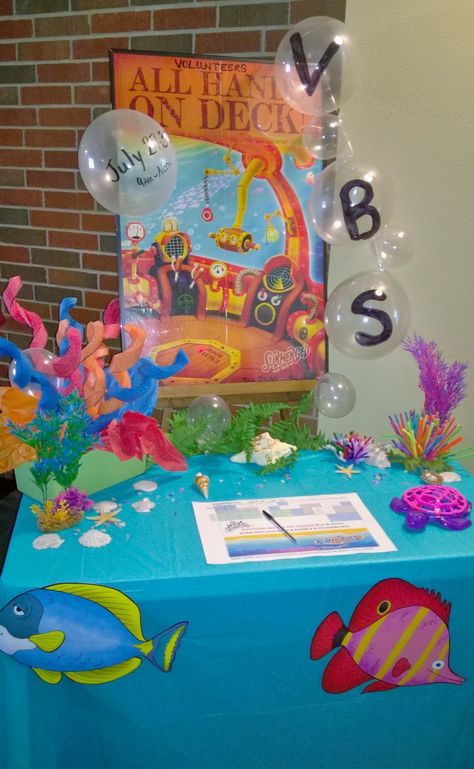 VBS 2016 Volunteer Sign Up Table Vbs Sign Up Table, Scuba Vbs Registration Table, Vbs Registration Table, Submerged Vbs Decorations, Balloon Props, Shipwreck Vbs, Nemo Baby Shower, Shipwrecked Vbs, Submerged Vbs