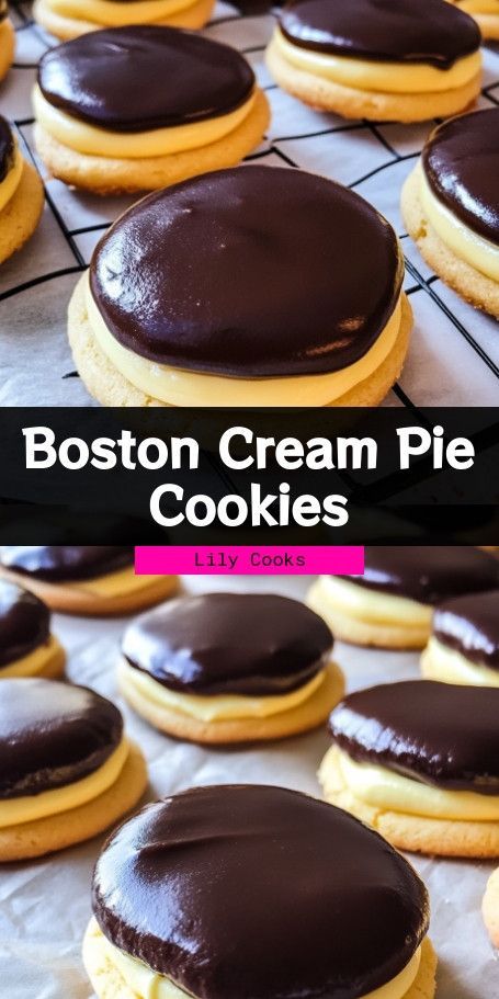 Boston Cream Pie Cookies Recipe – Decadent Dessert Delight Indulge your sweet tooth with these Boston Cream Pie Cookies! Soft vanilla cookies are filled with rich pastry cream and topped with luscious chocolate ganache. Perfect for any occasion, this easy-to-follow recipe will satisfy both cookie and cream pie lovers alike. Prepare them in just one hour and enjoy a delightful homemade treat! #BostonCreamPie #CookieRecipes #DessertLover Boston Creme Pie Cookies, Boston Cream Cookie Bites, Boston Crème Pie Cookie Bites, Cookie Filling Ideas, Boston Cream Filling Recipe, Boston Cream Pie Cookies, Cream Cookies Recipes, Cookies And Cream Pie, Boston Cream Pie Cookie Bites