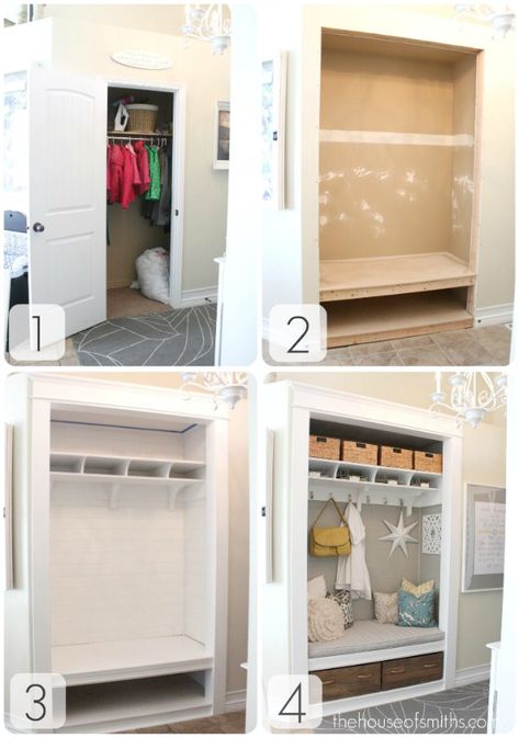 Turning a Coat Closet Into a Mudroom-Like Nook - Hooked on Houses Perfect Mudroom, Entryway Closet Makeover, Coat Closet Makeover, Small Coat Closet, Closet Nook, Ingangs Decor, Armoire Entree, Mudroom Closet, Front Closet