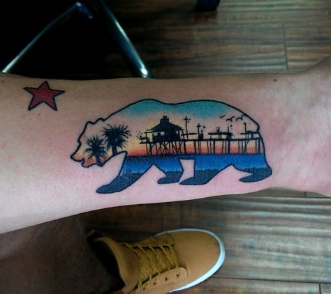 California bear tattoo done by David Mendieta Mumma Bear Tattoo, Mamma Bear Tattoo Ideas, Mamma Bear Tattoo, Cali Bear Tattoo Design, California Bear Tattoos, Cubs Tattoo, California Tattoo, California Bear, Bear Tattoos