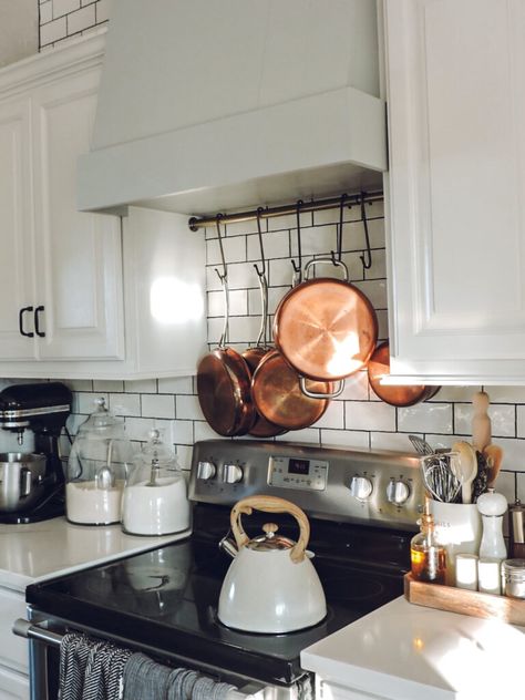 Tension Rod Pot Rack & Affordable Copper Pans - Berry Berry Quite Contrary Pot Rack Hanging Over Stove, Kitchen Pan Hanging Rack, Curtain Rod Pot Rack, Pot Rack Under Cabinet, Copper Pots Over Stove, Vent Hood With Pot Rack, Hanging Pans Above Stove, Pot Hanger Over Stove, Diy Pot Rack Hanging Small Kitchens