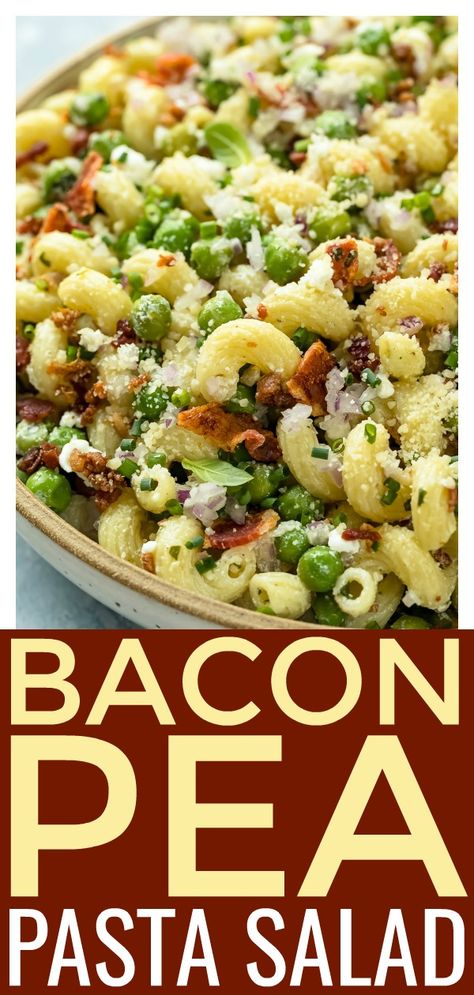 Bacon Pea Pasta Salad recipe is a summertime favorite!  Loaded with bacon, peas, creamy goat cheese and a basil vinaigrette - NO MAYO!  It's quick and easy to make, can be made in advance and served warm or cold!  #bacon #pea #pasta #salad #recipe Bacon Pea Pasta, Pea Pasta Salad, Bacon Peas, Mayo Pasta Salad Recipes, Bacon Pasta Salad, Pea Pasta, Creamy Goat Cheese, Basil Vinaigrette, Cold Pasta Salad