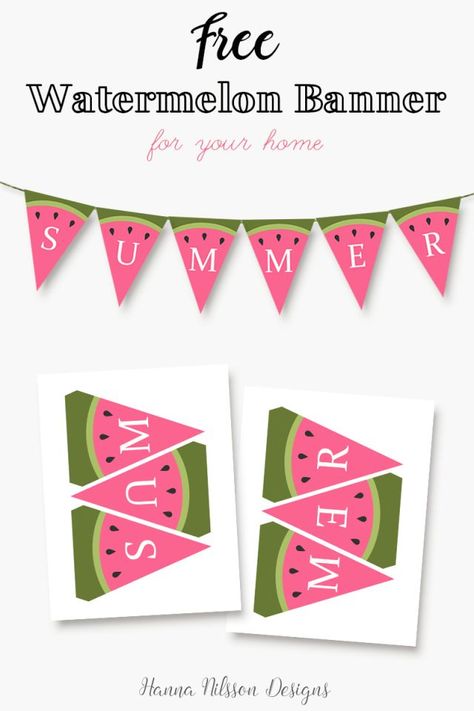 Watermelon SUMMER printable banner. Decorate your home for summer with this cute and free banner. -------------------------------- summer party decorations, home decor, watermelon decor, bbq, bunting, banner, flags, green, pink, red, frugal decor, print at home Watermelon Banner, Watermelon Crafts, Frugal Decor, Watermelon Decor, Watermelon Summer, Summer Printables, Watermelon Party, Fiesta Tropical, Summer Banner