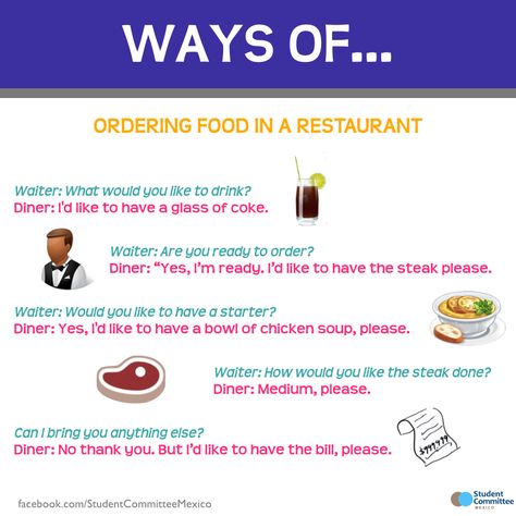 Ways of ordering food in a restaurant. Ordering At A Restaurant, Ordering Food In English, How To Order Food In English, English For Tourism, Toefl Vocabulary, Teaching Reading Skills, Free Classes, Other Ways To Say, Easy English