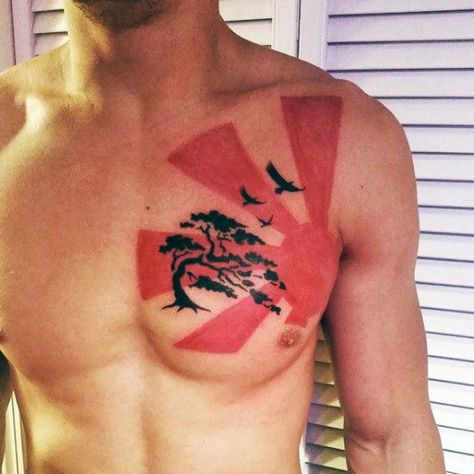 Top 63 Sun Tattoo Ideas [2020 Inspiration Guide] Sun Chest Tattoo, Sun Tattoo Designs For Men, Ground Tattoo, Tree Tattoo Chest, Japanese Sun Tattoo, Creative Sleeve Tattoos, Rising Sun Tattoos, Bonsai Tree Tattoos, Tattoo Sonne