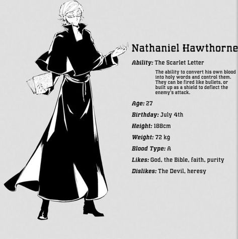 Nathaniel Hawthorne Bsd, Nathaniel Bsd, Nathaniel Hawthorne, Bungou Stray Dogs Characters, Christian Men, Character Profile, Bongou Stray Dogs, Stray Dogs Anime, Hunting Dogs