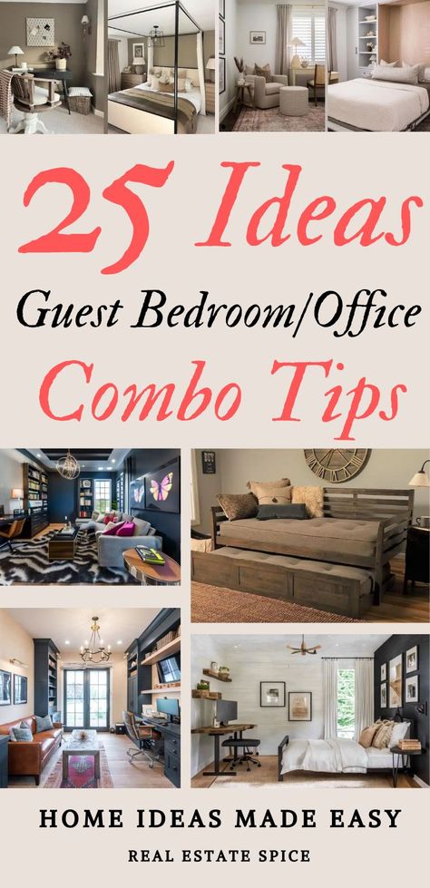 says 25 Ideas guest bedroom/office combo tips with 6 images of guest bedroom home office combo bed desk chair below says home ideas made easy Office Bedroom Combo Ideas For Men, Second Room Ideas Office Spaces, Home Office And Lounge Room, Bedroom And Office Combo Ideas Modern, Home Office Ideas With Sofa Bed, Rec Room Bedroom Combo, Basement Family Room Office Combo, Guest Bedroom Living Room Combo, Office Dog Room Combo