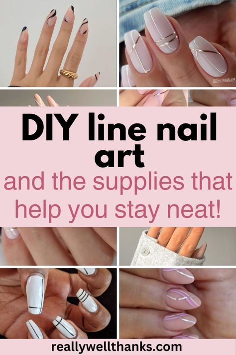 Nail techs are amazingly skilled, but if you are a DIY nails at home girl (like me), branching into nail art can build your skills and open up your options! Diy nail designs step by step are easy when you have the right tools, and the easiest design of all is line nail art! These minimalist line nail designs will give you a chic and classy something extra in your manicure. And you --yes, you, anyone! - can do these designs if you get the striping brush nail art. Nail art with a striping brush is incredibly easy and you can do it! Clean Line Nail Designs, Line Nail Art Designs Classy, Foil Line Nail Art, Line Design Nail Art, Line Nail Art Designs Simple, Nail Design With Lines, Nail Tape Ideas, Nail Design Lines, Simple Diy Nail Designs