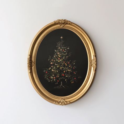 Dark And Moody Wall Decor, Wrap Wall Art For Christmas, Oil Christmas Painting, Vintage Tree Decor, Vintage Moody Christmas Decor, Vintage Classic Christmas Decor, Old Timey Christmas Decorations, English Cottage Christmas Tree, Christmas Decor Ideas Painting