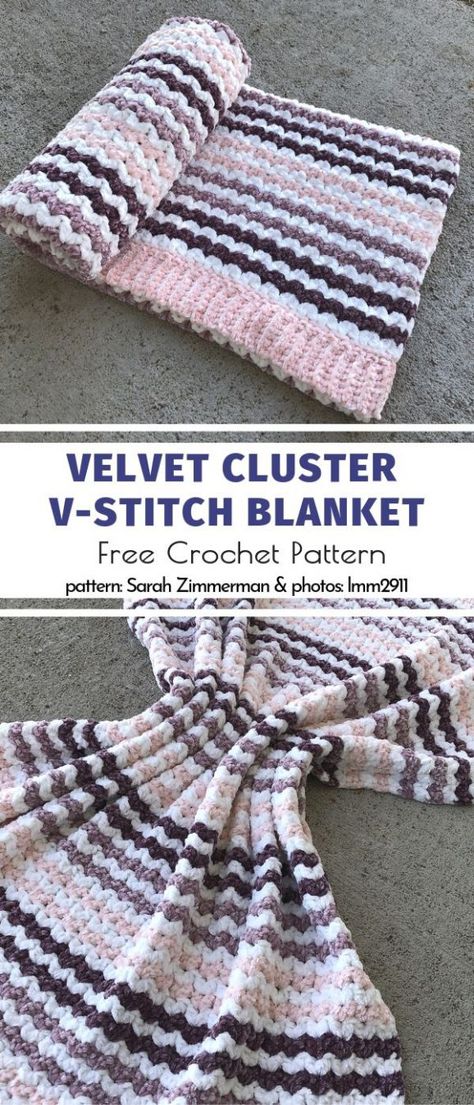 Velvet Cluster V-Stitch Blanket Free Crochet Pattern Cozy Crochet Blanket, Crochet Blanket Stitches, Modern Crochet Blanket, Crocheted Blankets, Crochet Baby Blanket Free Pattern, Stitch Blanket, Velvet Yarn, Crochet Stitches For Blankets, Crochet Blanket Designs