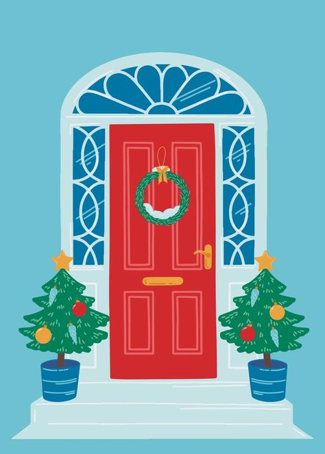 Red Christmas house door on a blue background. The entrance to the house is decorated with Christmas trees and a wreath. Vector artistic illustration for postcards, banners and print. Christmas Door Illustration, The Entrance To The House, Christmas Wreath Illustration, Entrance To The House, Christmas Doors, Wreath Vector, Artistic Illustration, Wreath Illustration, House Door