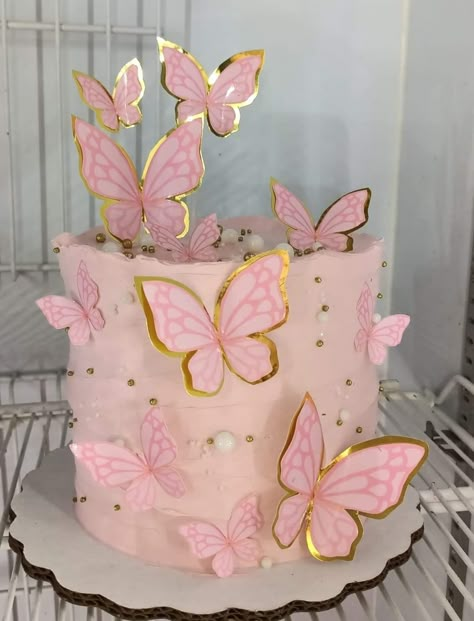 Pink And White Butterfly Cake, 18th Birthday Cake Pink Butterfly, Cake With Gold Butterflies, Pink Birthday Cake With Butterflies, Pink And Gold Cake Butterfly, Butterfly Cake Decorations, Butterfly Wedding Cake, Pirate Ship Cakes, Spiderman Cake Topper