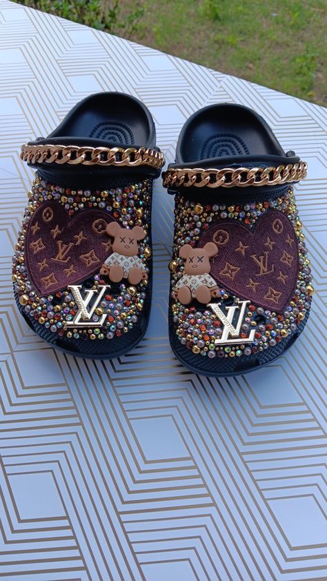 Designer LV inspired custom Crocs! Custom Crocs For Men, Denim Crocs Diy, Lv Custom Crocs, Camo Bling Crocs, Limited Edition Crocs, Lv Inspired, Custom Crocs, Creative Corner, Custom Design