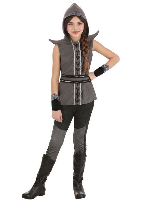 Embrace the night with our Tween Twilight Huntress Costume! Transform into a mysterious hunter of the shadows. Perfect for any Halloween adventures this year! Features: 100% polyester Suede hooded tunic has hook and loop fastener down center front Decorative suede lacing through grommets down center front, silver trim Graphic trim around the hood of the tunic, foam backed sleeve caps Jersey knit leggings have sublimated graphics of lacing, elastic waistband Suede belt has studded trim, hook and loop fastener on the back Poly knit gauntlets with decorative trim have stretchy jersey knit backs, gauntlets slide on wrists Made By Us ExclusiveIncludes the following: Hooded Tunic Leggings Pair of Gauntlets Belt Please view our Return Policy details at http://stores.ebay.com/halloweencostumescom/ Huntress Costume, Halloween Adventure, Hooded Tunic, Tunic Leggings, Theatre Costumes, Suede Belt, Knit Leggings, Decorative Trim, Suede Lace