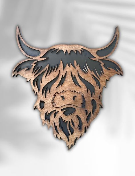 Cow Wood Sign, Highland Cattle Drawing, Highland Cow Wood Sign, Cnc Projects Woodworking, Xtool S1 Project Ideas, Cnc Projects To Sell, Wood Shack, Highland Cow Decor, Highlander Cow