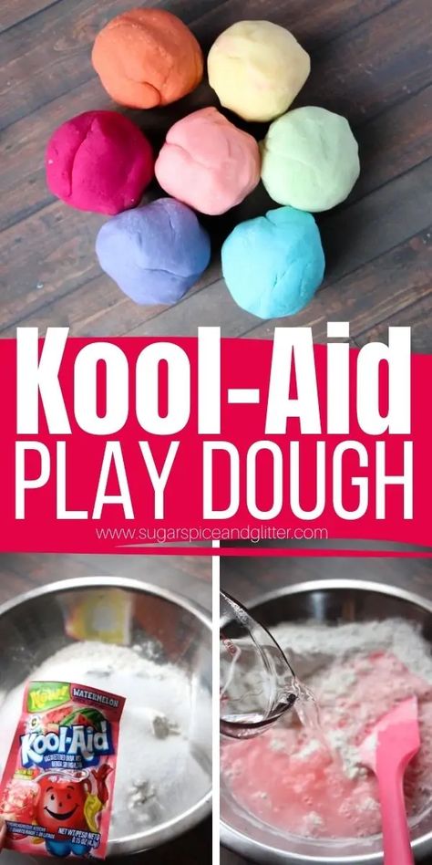 How to make No Cook Kool-Aid Play Dough, a soft, squishy play dough with a bright pop of color and yummy scent, without having to mess with food dye or flavor extracts. This Kool Aid Play Dough will last for a month and give so many fun opportunities for play No Cook Playdoh, Kool Aid Play Dough, Kool Aid Play Dough Recipe, Edible Playdoh, Koolaid Playdough, Easy Play Dough, Easy Playdough Recipe, Cooked Playdough, Edible Playdough