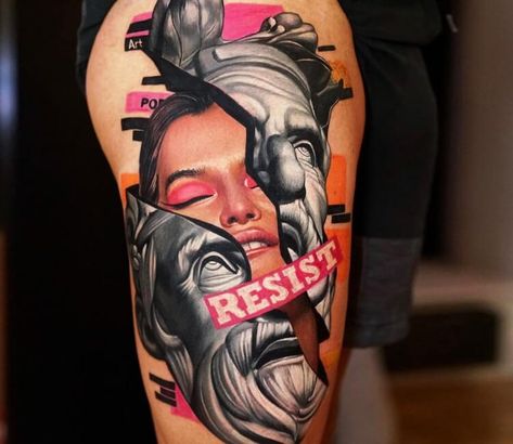 Resist Tattoo, Collage Tattoo, Colored Tattoo Design, Pop Art Tattoos, Tattoo Time, Arte Alien, Tatuaje A Color, Different Tattoos, Large Tattoos