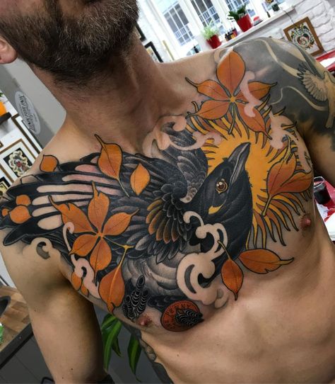 Neo Traditional Chest Tattoo, Traditional Chest Tattoo, Crow Tattoo Design, Neo Tattoo, Torso Tattoos, Boy Haircuts, Wicked Tattoos, Crow Tattoo, 13 Hours