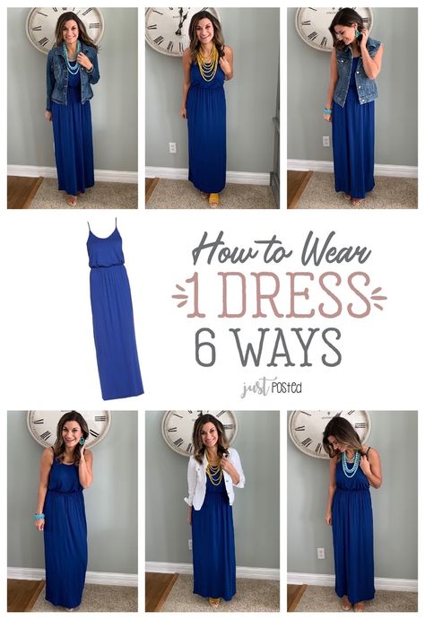 How to Wear One Blue Maxi Dress Six Ways #justpostedblog #ShopStyle #shopthelook #MyShopStyle #OOTD #LooksChallenge #ContributingEditor #Lifestyle Blue Maxi Dress Outfit Casual, One Dress Multiple Outfits, Elegant Homewear, Blue Maxi Dress Outfit, Outfit Ideas Dress, Court Outfit, Black Dress Outfit Casual, Maxi Dress Outfit, Blue Maxi Dress