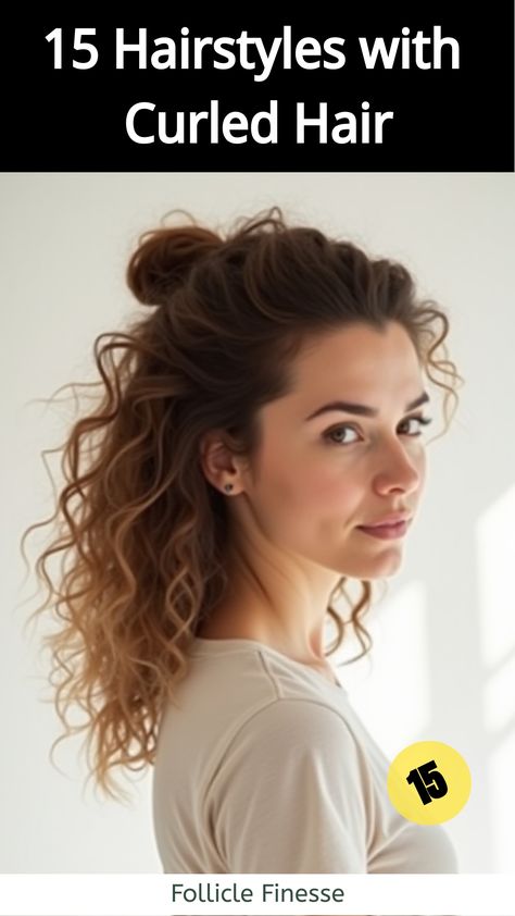 Hairstyles with Curled Hair,Woman with half-up, half-down curly hairstyle Natural Wavy Half Up Half Down, Easy Half Up Curly Hairstyles, Casual Hairstyles For Curly Hair, Half Up Half Down Hair Naturally Curly, Short Curly Hair Half Up Half Down, Curly Half Up Half Down Hairstyles, Half Up Curly Hairstyles, Hairstyles With Curled Hair, Curly Half Up Half Down