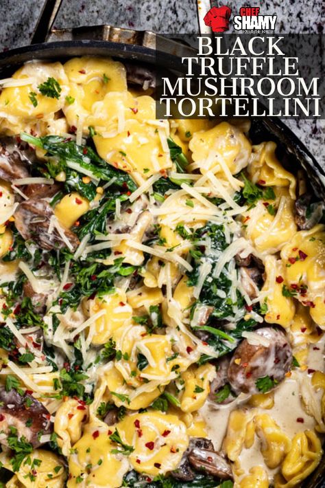 Black Truffle Spinach Mushroom Tortellini Truffle Mushroom Ravioli, Black Truffle Recipe Dishes, Truffle Recipe Savory, Black Truffle Pasta Recipe, Truffle Couscous, Black Truffle Oil Recipes, Truffle Tortellini, Truffle Ravioli Recipe, Spinach Mushroom Tortellini