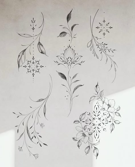 Mandala Lotus Flower Tattoo, Flower Vine Tattoos, Boho Tattoos, Floral Tattoo Sleeve, Floral Tattoo Design, Unique Tattoo Designs, Spine Tattoos, Elegant Tattoos, Flower Tattoo Designs