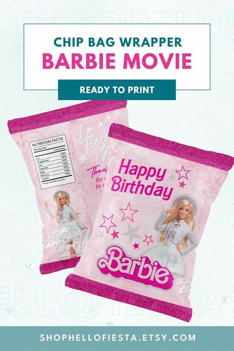 Barbie Movie Party Favor Chip Bags Barbie Party Packs Ideas, Chip Bag Design Ideas, Barbie Chip Bag Template, Barbie Chip Bag, Printable Barbie, Printable Party Favors, Barbie The Movie, 8 Birthday, Baby Birthday Invitations