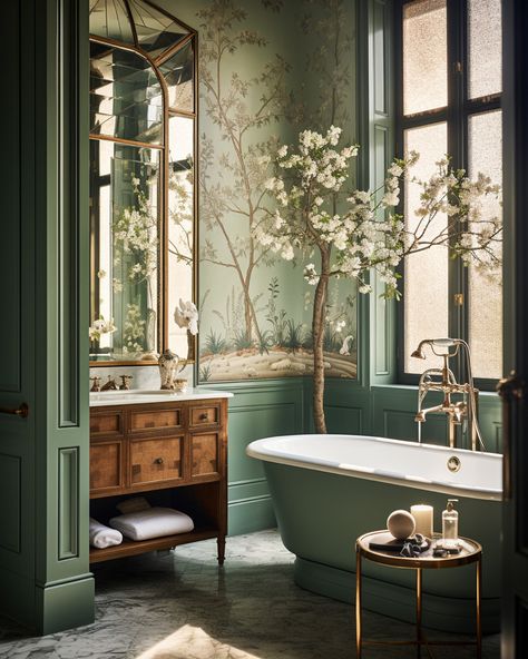 A Very Regal Bathroom with Wallpaper and Panelling Victorian Tiles Bathroom, Baie Vintage, Aesthetic Interior Design, Interior Design Per La Casa, Bad Inspiration, Bathroom Design Luxury, Green Bathroom, Bathroom Layout, Bathroom Wall Decor