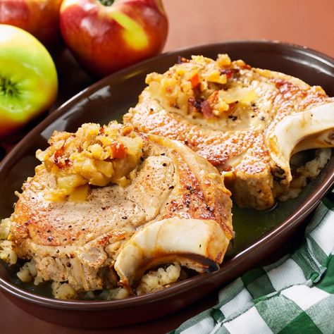 Apple Pork Chops and Stuffing | STOVE TOP | Recipes - Kraft Heinz Stuffing Stove Top, Pork Chops And Stuffing, Stuffing Recipes Crockpot, Apple Pork, Apple Pork Chops, Stove Top Recipes, Fall Recipe, Boneless Pork Chops, Baked Pork Chops