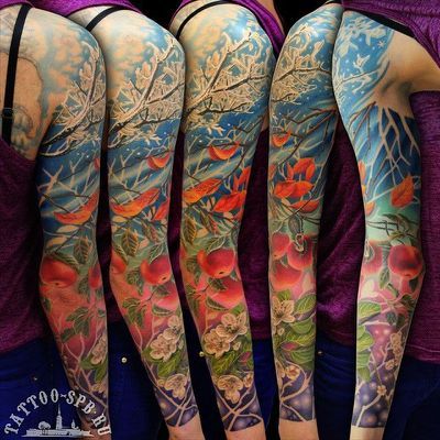 Four Season Tattoo, Seasons Tattoo Sleeve, 4 Seasons Tattoo, Four Seasons Tattoo, Maple Leaves Tattoo, Season Tattoo, Seasons Tattoo, 2022 Tattoo Ideas, Tattoo Arm Sleeve