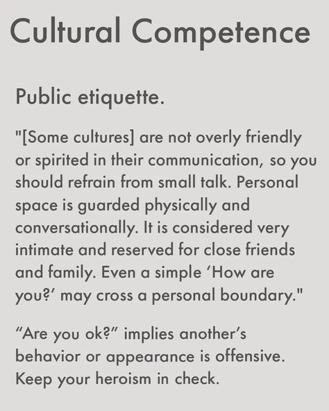 Boundaries, gifts and personal space. 2024. #cultural #competence #publicspace #etiquette #business If I am peeing in the street, its probably because you kicked me out without warning and called me a criminal. #commonsense #policing Excerpt from: Minvielle, Luis. German Business Culture and Etiquette. https://www.wearedevelopers.com. Nov. 2023. Cultural Competence, Business Culture, Without Warning, Personal Boundaries, Are You Ok, Small Talk, Personal Space, Common Sense, Public Space