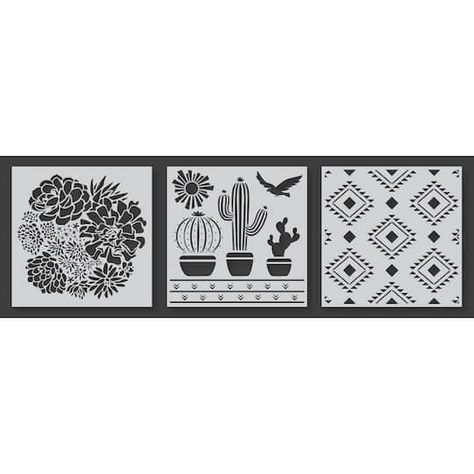 "Buy PA Essentials Southwest Collection Stencil Set at Michaels. com. This durable stencil set can be used over and over. PA%20Essentials%20Stencils%20have%20pre-cut%20designs%20on%20flexible%20plastic.%20Basecoat%20the%20project%2C%20position%20the%20stencil%2C%20and%20apply%20paint.%20The%20durable%20stencil%20can%20be%20used%20over%20and%20over.%20This%20set%20features%203%20translucent%20plastic%20stencils.%20Designs%20include%3A%20succulents%2C%20cacti%2C%20triangles%2C%20and%20southwest%20 Cactus Stencil, Southwest Pattern, Plastic Stencil, Wall Stencil, Stencils Wall, Cut Design, Triangles, Cactus, How To Apply